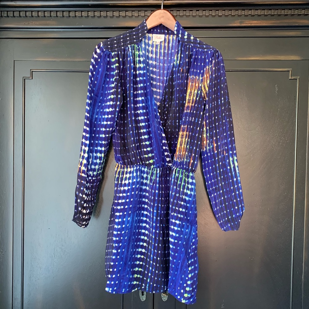 Blue Parker Faux Wrap Long Sleeve  Dress